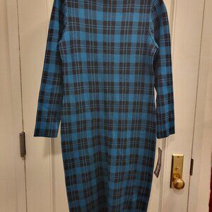 Nina Leonard Black and Teel Plaid Long Sleeve Dress